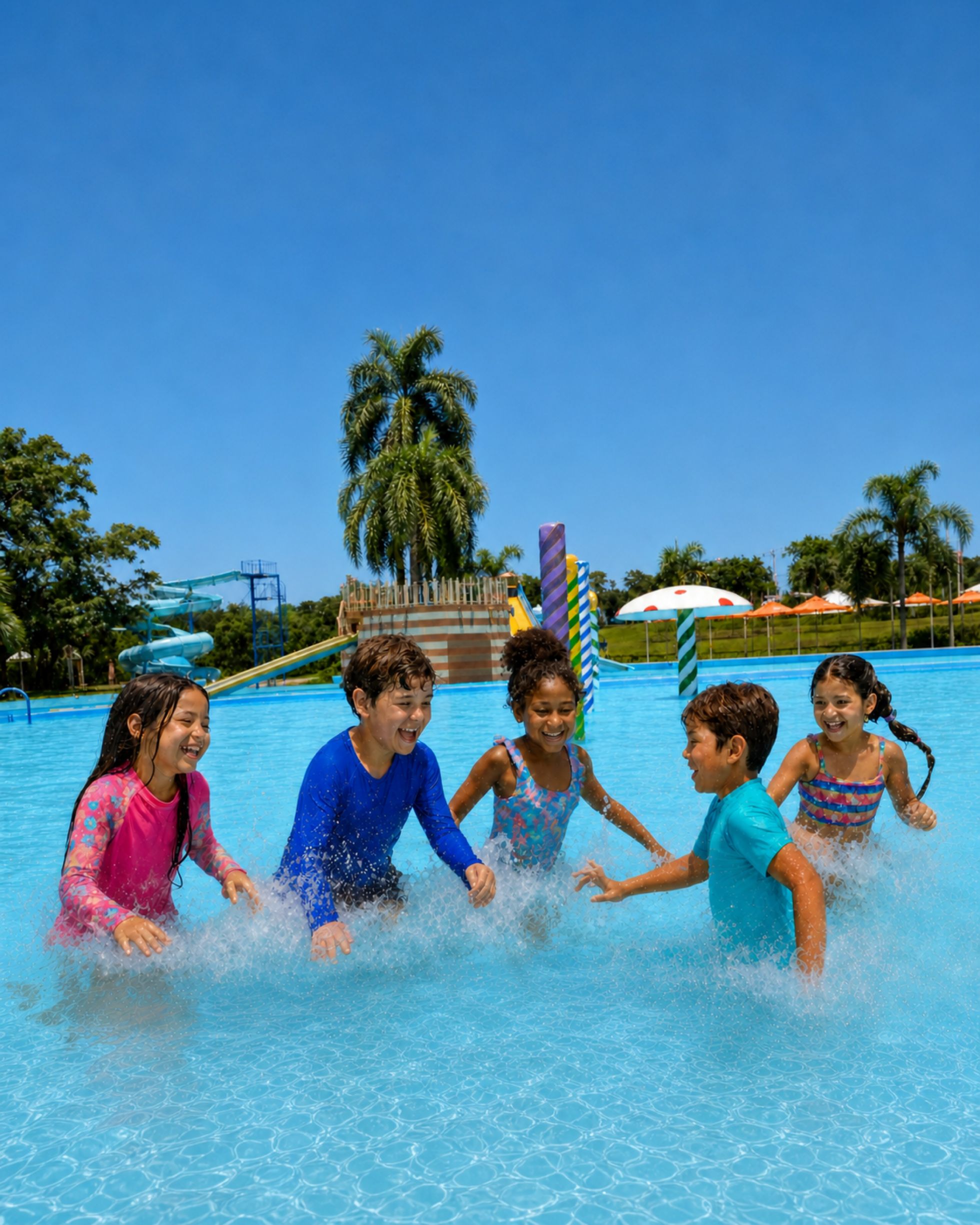 Três crianças rindo e brincando na piscina do parque, com brinquedos aquáticos ao fundo